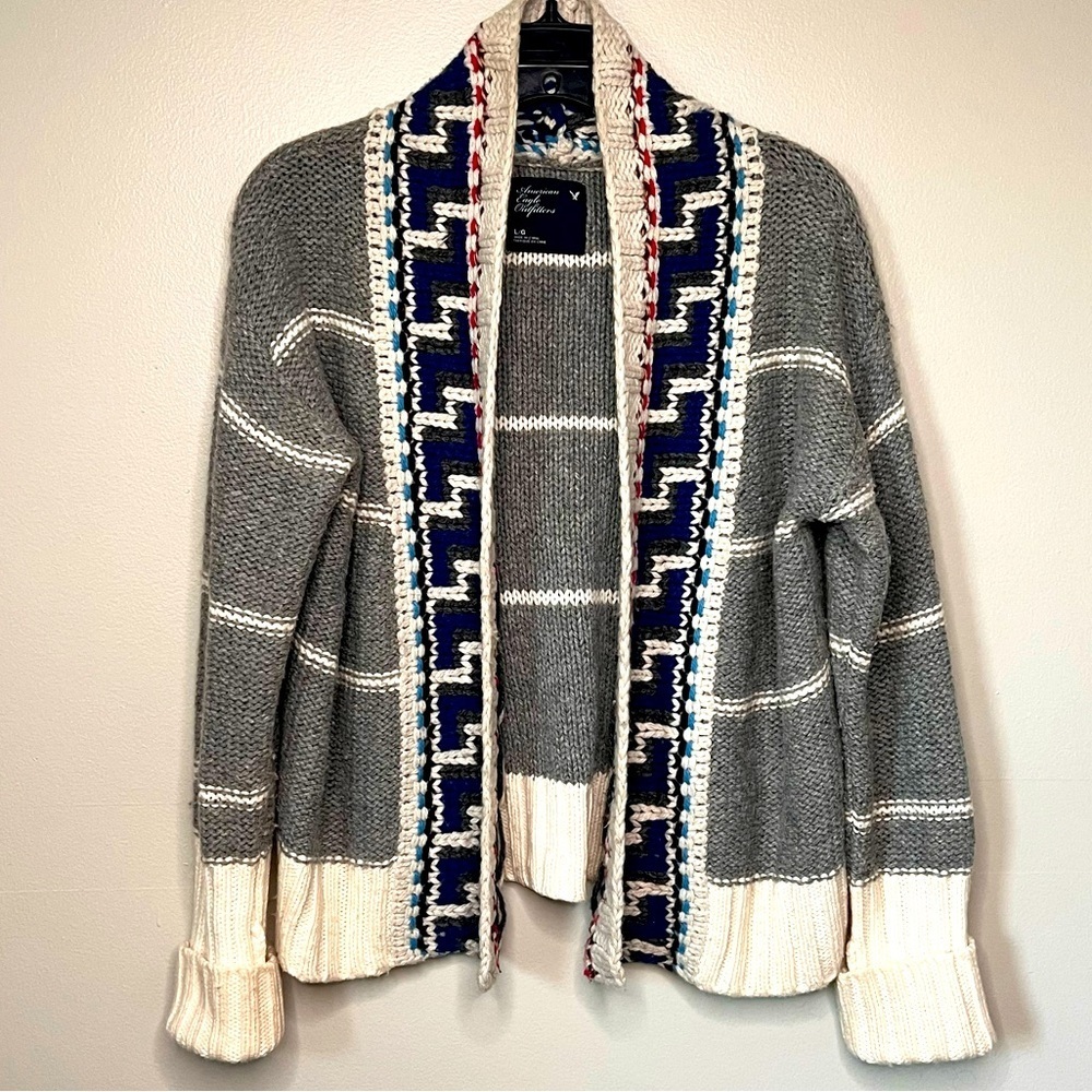 VTG American Eagle Aztec Southwest Boho Knit Cardigan Sweater Sz L Hippie Layers